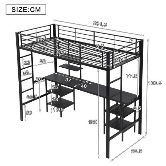 HAUSS SPLOE Hochbett 90x200cm mit Tisch, Regalen, Seitenleiter, Fallschutzgitter, Schwarz (Geeignet für Kinder und Jugendliche)