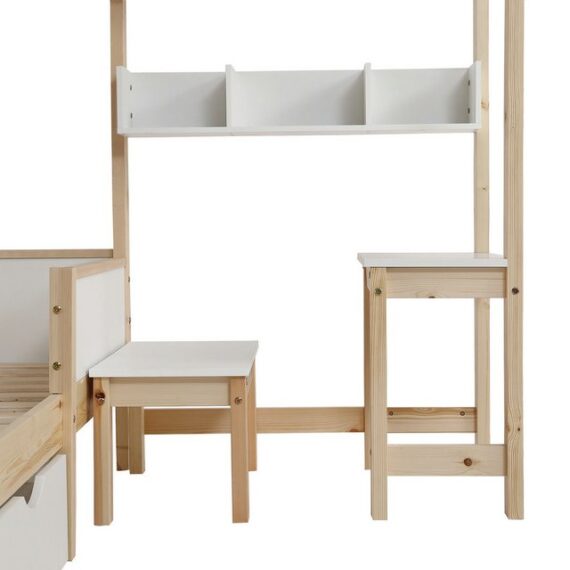 HAUSS SPLOE Kinderbett 90x200cm mit Schubladen, Regalen, Tisch und Hocker, L-Struktur, Weiß (mit Schubladen und Regalen, mit Tisch und Hocker, Massivholz mit Schutzplatte und Lattenroste, L-Struktur 90x200cm), ohne Matratze