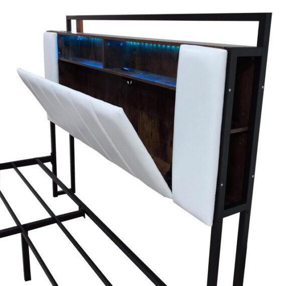 HAUSS SPLOE Polsterbett 140x200cm Jugendbett mit LED-Licht, USB-Steckdose, Kunstleder, Weiß (Bettgestell aus Volleisen, Jugendbett, Erwachsenenbett, Doppelbett), 140x200cm