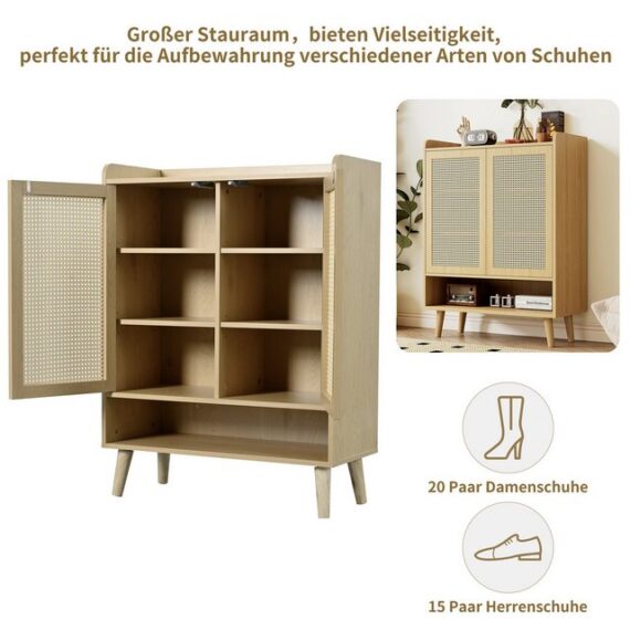 HAUSS SPLOE Schuhschrank Rattan Schuhkommode Schuhregal Schließfach Gegenstandsschließfach mit 2 Türen und 5 Regalböden, B80/H105/T35 cm, hohlem Design