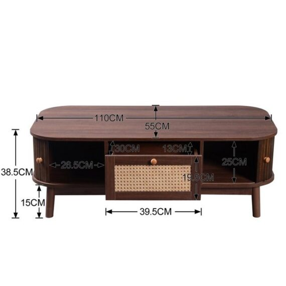 HAUSS SPLOE TV-Schrank Couchtisch Kaffeetisch Sofatisch Rattan-Couchtisch (chubladen mit Rattan und Schiebetüren mit Massivholzlatten, TV-Ständer mit Rattanseiten) Massivholzbeine, Natürlicher Landhausstil.