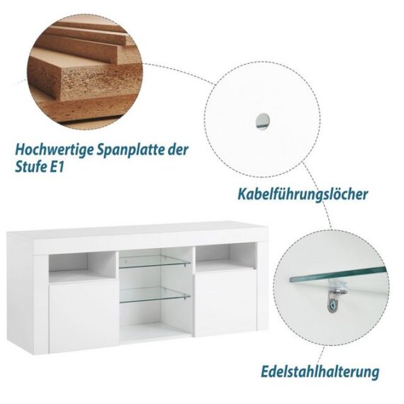 HAUSS SPLOE TV-Schrank LED-TV-Schrank TV-Tisch Beistellschrank Sideboard (Hochglanz-TV-Schrank Einstellbares LED-System, weiß 120*35*50cm Multifunktionale Aufbewahrung) TV-Möbel für bis zu 55 Zoll Fernseher, 16-farbige LED-Beleuchtung