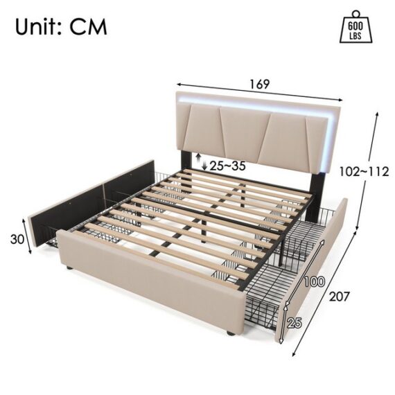 HT Bett Polsterbett mit LED-Beleuchtung und 4 Schubladen (Doppelbett 160x200cm Stauraumbetten Bettgestell), Höhenverstellbarem Kopfteil, Lattenrost aus Holz (Mit Matratze)