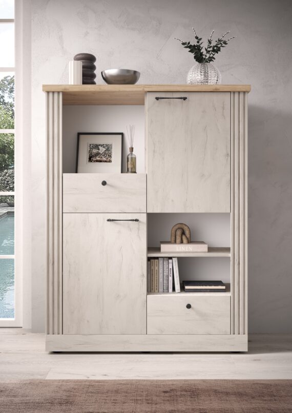 Home affaire Highboard "Country Höhe 160 cm u. Breite 118 cm, Kommode 2 Türen, 2 Schubkästen,", Schrank im Landhausstil, viel Stauraum, mit Metallgriffe, MDF-Rahmen