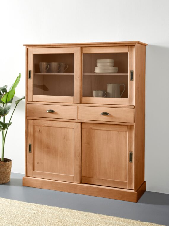 Home affaire Highboard "Schröder", mit 2 Glas- u. 2 Holztüren, 2 Schubkasten, aus massivem Kiefernholz