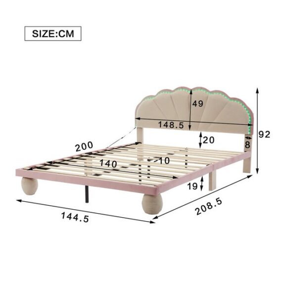 IDEASY Polsterbett mehrfarbigen, wechselnden Lichtstreifen, Kopfteil mit Wellenschliff, (mit gepolsterter runden Beine, Kinderbett, Jugendbett mit Holzlatten), Doppelbett, Samt, Beige+Rosa, 140x200cm