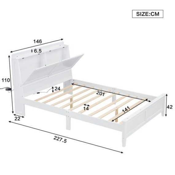 IDEASY Stauraumbett Offenes Regal, Ablagefach mit herunterklappbarer Tür, (Mit Umgebungslichtstreifen, Warmgelber Lichtstreifen, Flachbetten), Heranwachsende und Erwachsene,Kiefer+MDF, Weiß, 140x200cm