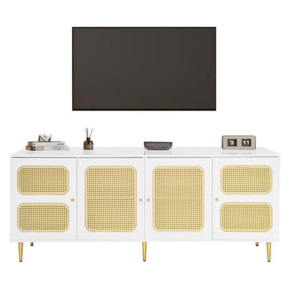 IDEASY TV-Schrank Eleganter Weißer Rattan-TV-Schrank 180x40x72 cm - (Mit 4 Rattantüren, Höhenverstellbaren Regalen und Kabelmanagement) Für bis zu 80 Zoll Fernseher,TV-Schränke,Lowboards