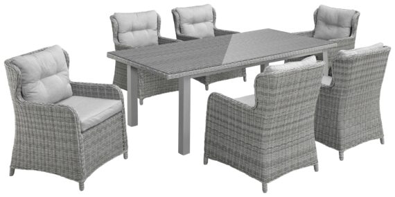 KONIFERA Garten-Essgruppe "Seattle", (Set, 19 tlg., 6x Sessel, 1xTisch 170x90 cm, inkl. Auflagen, Polyrattan, Aluminium), Tischbeine aus Kieferholz, Tischplatte aus 5mm starkem Sicherheitsglas