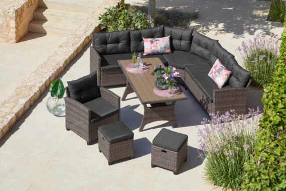 KONIFERA Gartenlounge-Set "Keros Premium", (Set, 20 tlg., 2x 2er Sofa, 1x Ecke, 1x Sessel, 2x Hocker, 1x Tisch 145x75x67,5cm), Ecklounge, Polyrattan, Stahl, geeignet für 8 Personen, inkl. Auflagen