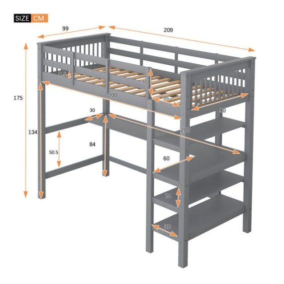 KoDise Kinderbett Bett Holz Bettgestell Kinderbett Hochbett mit Schreibtisch, Kiefernholz (90x200 cm, mit Ablagefächern und Unterbettschreibtisch)