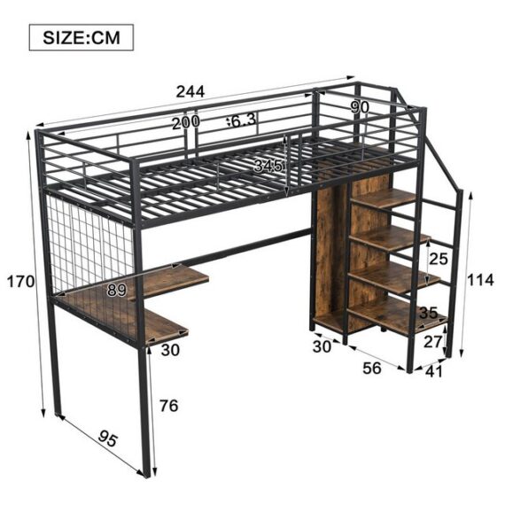 KoDise Kinderbett mit Tisch und Kleiderschrank, Seitenleiter mit Handlauf Schwarz 90x200 (Seitenleiter mit Handlauf, 90x200cm, Geeignet für Kinder und Jugendliche), ohne Matratze