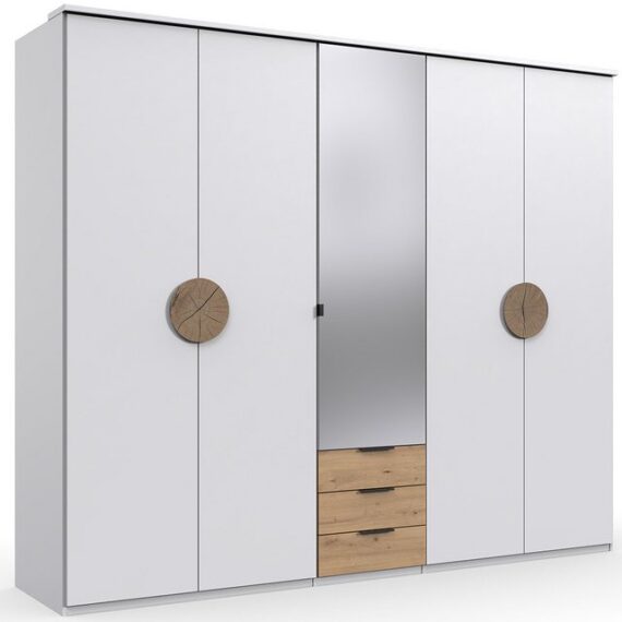 Lomadox Kleiderschrank TAVAS-43 Drehtürenschrank Spiegeltür 5-türig weiß mit Eiche Nb. modern