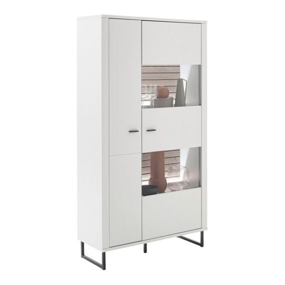 Lomadox Vitrine LAUREANA-05 Vitrinenschrank, weiß mit Eiche, inkl. LED-Beleuchtung, montiert