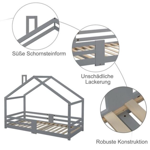 Merax Kinderbett 90x200 cm mit Rausfallschutz, Hausbett mit Lattenrost, Einzelbett aus Kiefernholz