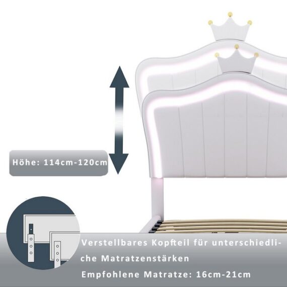 OKWISH Bett Kinderbett Polsterbet Gästebett (mit Kronendesign und LED-Beleuchtung - Hydraulisches Stauraumbett mit höhenverstellbarem Kopfteil und Lattenrost, 90x200 cm), Ohne Matratze