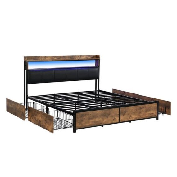 OKWISH Holzbett Polsterbett Jugendbett (160x200 cm Ohne Matratze, LED-Bett, Jugendbett, mit 4 Schubladen)