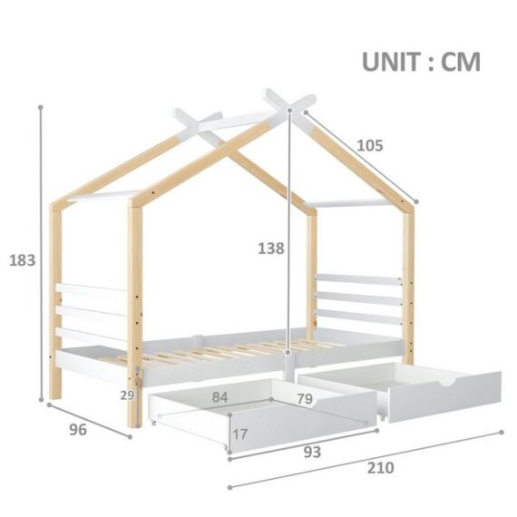 OKWISH Kinderbett Hausbett Jugendbett (Massivholz mit Lattenrost, Kiefernholz Hausbett, Creativity Kinderspielhausbett), Kinderbett mit 2 Schubladen