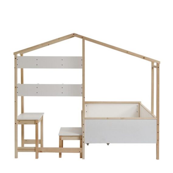 OKWISH Kinderbett Holzbett Hausbett mit Schubladen und Regalen, mit Tisch und Hocker (Massivholz mit Schutzplatte und Lattenroste, L-Struktur, 90x200cm), ohne Matratze