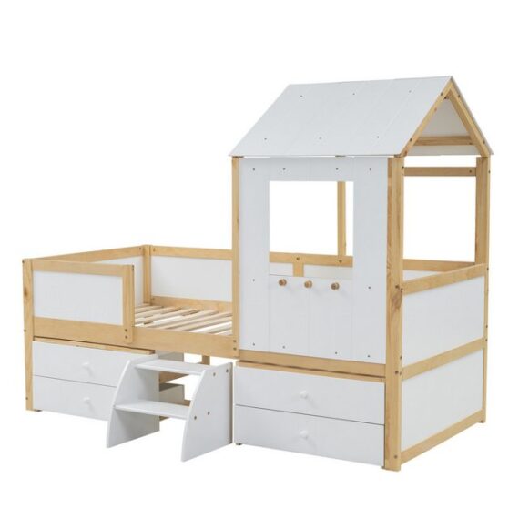 OKWISH Kinderbett Holzbett Stauraumbett Hausbett mit Dach und Fenster (Vierseitiger Zaun, mit 4 Schubladen und kleine Treppe, 90x200cm), ohne Matratze