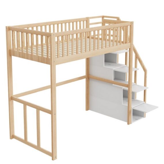 OKWISH Kinderbett Stauraumbett mit großem Kleiderschrank Regal und Tisch (mit Sicherheits-Aufbewahrungsleiter, Bettgestell aus massivem Kiefernholz für Kinder und Jugendliche, 90 x 200 cm), ohne Matratze