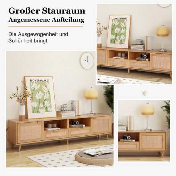 OKWISH TV-Schrank Hochwertiger Holz-TV-Schrank mit Echtholzfüßen (TV-Konsolentisch,200*37*49cm) mit massiven Holzfüßen, Geflochtener Rattan-TV-Boards