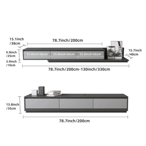 OLEY LUCK LIVE TV-Schrank Fernsehtisch, Sideboard, Lowboard, 200-330 × 40 ×35 cm, ausziehbar in Wohnzimmer, 3 Schubladen, Farbblock-Design, Grau