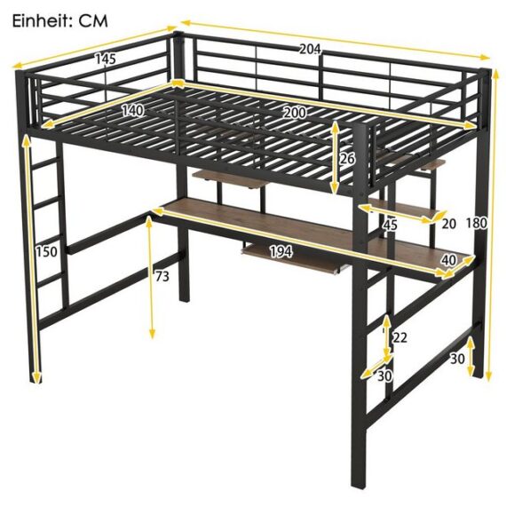 Odikalo Hochbett Metallbettgestell Eisen Schreibtisch 2 Bücherregalen 140x200cm Schwarz