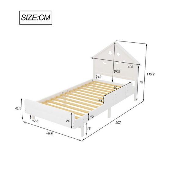 Odikalo Kinderbett Einzelmassivholzbett,Stern-Mond-Muster, Hochbettdesign, 90*200 cm