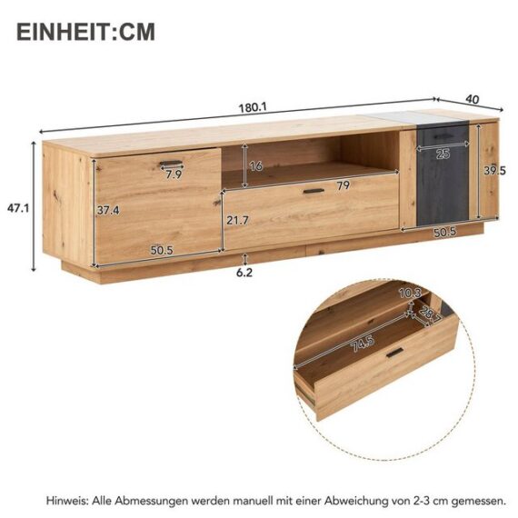 Odikalo TV-Schrank Lowboard Sideboard Lagerschrank Holzmaserung rund Ecken Stauraum Natur