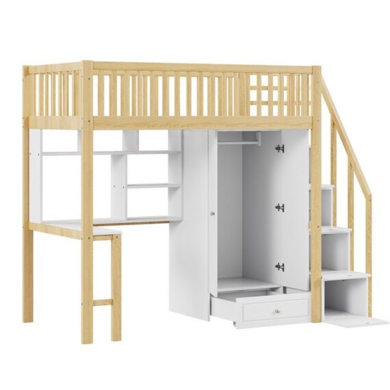 REDOM Kinderbett mit großem Kleiderschrank Regal und Tisch (Stauraum Treppe Mehrzweckbetteinheit Holzbettgestell 90 x 200), ohne Matratze