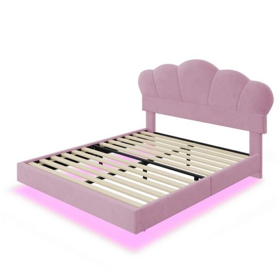 Romance Polsterbett Doppelbett Kinderbett Jugendbett, Mit LED-Lichtleiste Samt 140*200 cm(Ohne Matratze)