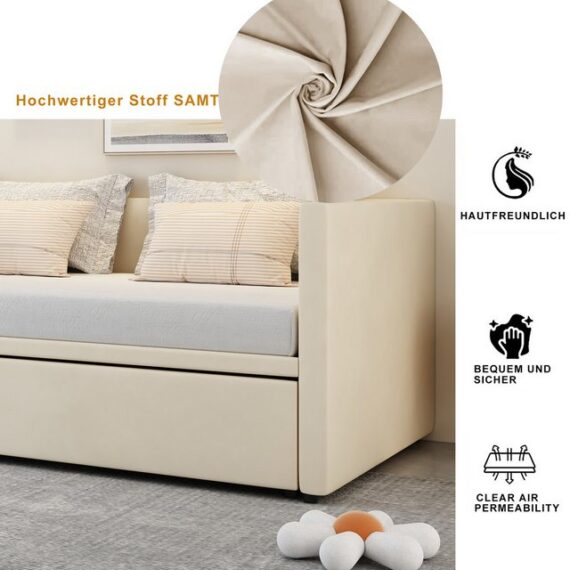 Rustrky Bett Ausziehbares Kinderbett, Daybett Tagesbett Schlafsofa Doppelbett (Multifunktionsbett mit Lattenrosten, Hautfreundlicher grauer Samtstoff, 90/180x200 cm), ohne Matratze