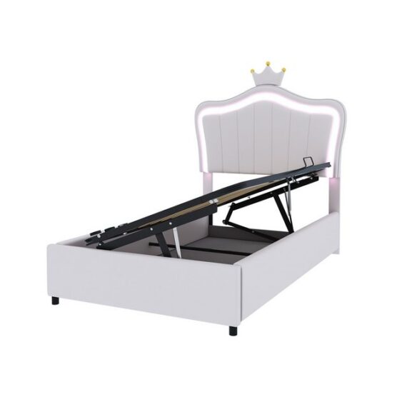 Rustrky Bett Kinderbett Funktionsbett Jugendbett Einzelbett Doppelbett Gästebett (Mit Kronendesign, Mit LED-Beleuchtung, Hydraulisches Stauraumbett, Höhenverstellbares Kopfteil, Einzelhochboxbett mit Lattenrost, 90x200 cm), Ohne Matratze