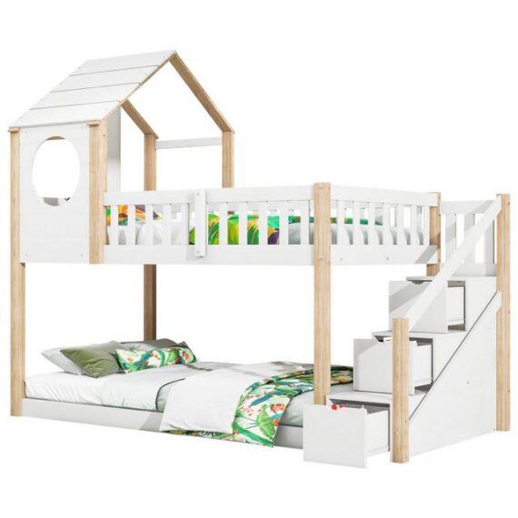 Rustrky Etagenbett Baumhaus-Kinderbett (90 x 200 cm, ohne Matratze, weiß+Natur), Leiterschrank, Kiefernholz Haus Bett for Kids