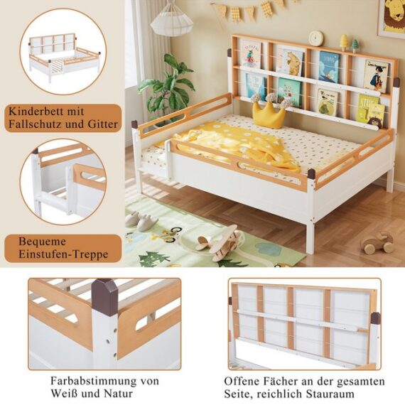 Rustrky Kinderbett Stauraumbett Funktionsbett Doppelbett Jugendbett Holzbett (Mit Fallschutz und Gitter, Mit Seitenleiter, Mit Bücherregal/Schallplattenständer, Offenes Regal, Reichlich Stauraum, Kiefer+MDF 140x200cm), ohne Matratze