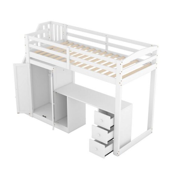 Rutaqian Daybett Hochbett mit Kleiderschrank und Treppe, Schreibtisch und Schubladen