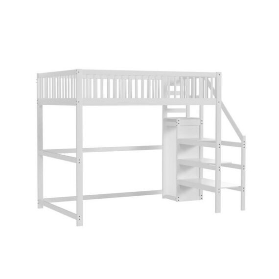 Rutaqian Hochbett Kinderbett mit Lattenrost, Treppe, (1-St) Aufbewahrungsregal, einfacher Kleiderschrank, robustes und langlebiges