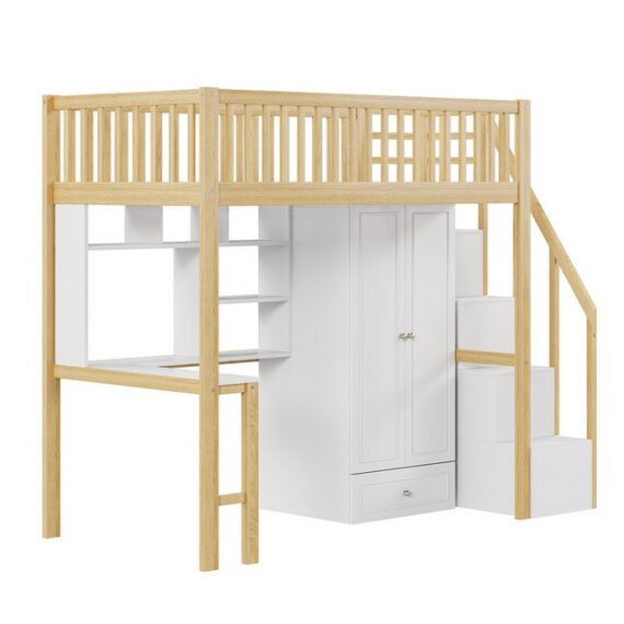 Rutaqian Hochbett kiefernholzbett Kinderbett Einzelbett holzbett 90x200 cm, (mit Lattenrost, 1-St., Rundum-Absturzschutz) mit großem Kleiderschrank Regal und Tisch, Stauraum Treppe