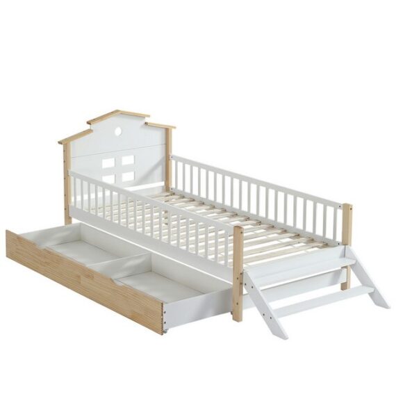 Rutaqian Kinderbett Einzelbett, Flachbett, Holzbett, mit Kopfteil und Lattenrost (1-tlg., Mit Fallschutz und Gitter, Seitenleiter, Einzigartiges Dachdesign), Kiefer+MDF, 90x200cm