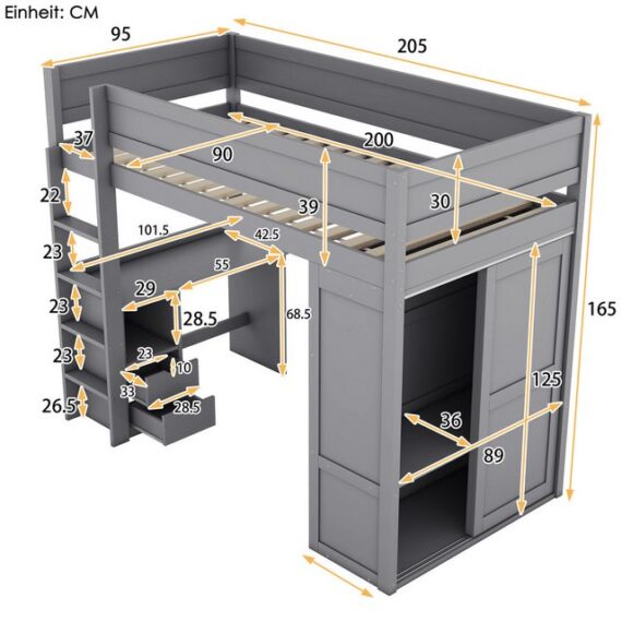 SOFTWEARY Hochbett mit Lattenrost, Schreibtisch und Kleiderschrank (90x200 cm) Kinderbett mit Rausfallschutz