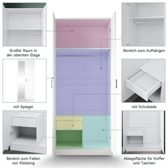 SONNI Drehtürenschrank Kleiderschrank mit spiegel und schubladen, 76x47x180cm,hochglanz weiss Geringe Größe, volle Funktionalität, kinderzimmer,80cm Breit