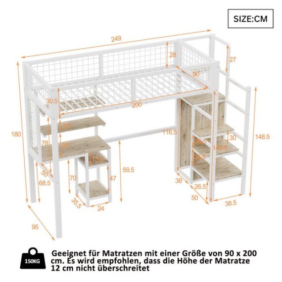 SeedWave Hochbett Hochbett mit Schreibtisch und Schrank, Metall-Stockbett 90/140x200cm Kinderhochbett mit Treppe, für Kinder und Jugendliche