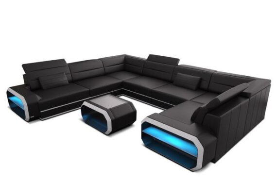 Sofa Dreams Wohnlandschaft Leder Sofa Verona U Form Ledercouch Ledersofa, Couch, mit LED, wahlweise mit Bettfunktion als Schlafsofa, Designersofa