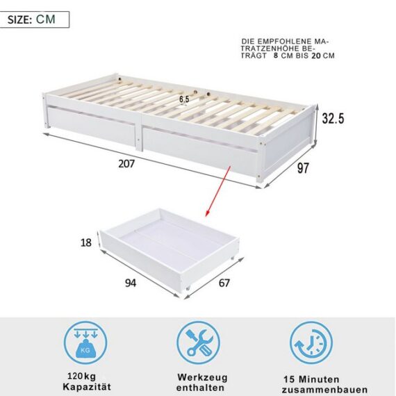 Ulife Bett Massivholzbett Einzelbett Kinderbett mit 2 Schubladen und Lattenrost, 90x200cm, Ohne Matratze