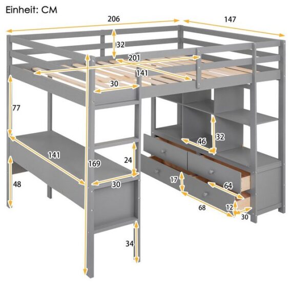 Ulife Hochbett Kinderhochbett mit Stauraumschubladen und Unterbettschreibtisch