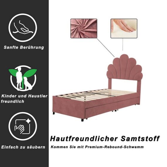 Ulife Kinderbett Polsterbett Mädchenbett Gästebett Bettrahmen mit geblümtem Kopfteil (Ohne Matratze), mit 2 Ablagefächern, Samt, 90x200cm