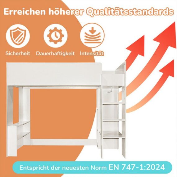 XDeer Hochbett Hausbett mit Aufbewahrungsfächern Kleiderschrank offenen Regaleinheiten und Treppe Hochbett Kinderbett Einzelbett