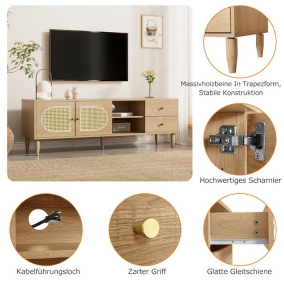 XDeer TV-Schrank Rattan-TV-Schrank,Mit 2 Rattantüren, 2 Schubladen, Höhenverstellbarem Regal und Kabelmanagement, Für bis zu 60 Zoll Fernseher