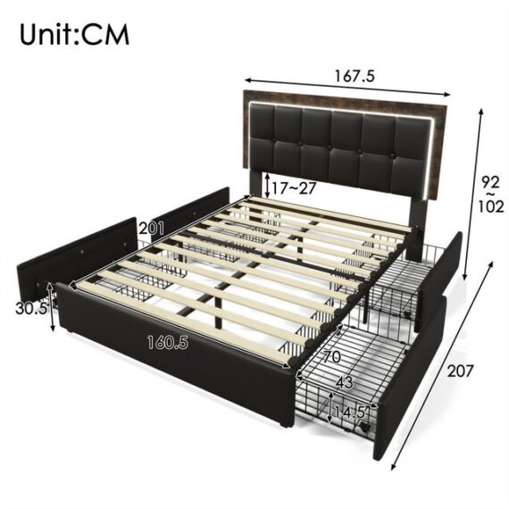 autolock Polsterbett Doppelbett,Polsterbett 160x200cm,mit LED-Beleuchtungsleiste, Funktionsbett mit 4 Schubladen,Höhenverstellbarem Kopfteil